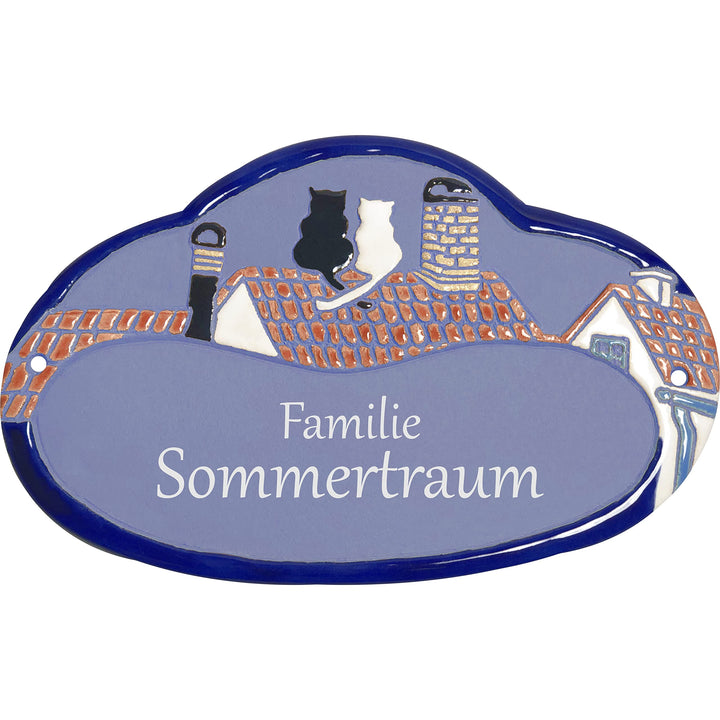 Handarbeit aus Schleswig-Holstein Keramikschild 19,5 x 12,5 cm Motiv Zwei Katzen auf Dachfirst (hell