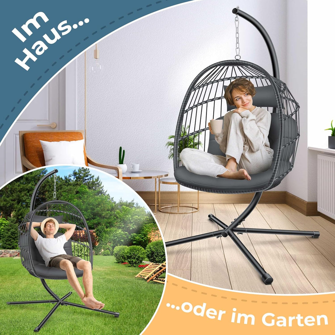 KESSER® Hängesessel Jungle mit Gestell Stahl Hängekorb Sessel Grossen Kissen + Decken Halterung + Co