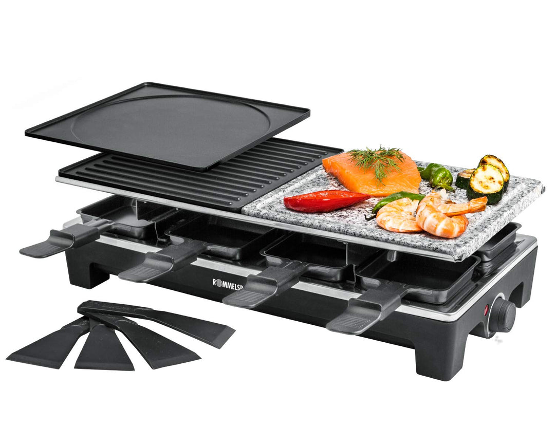 ROMMELSBACHER Raclette Grill RCS 1350 – 2 Wendegrillplatten, 1 Steingrillplatte, 8 Pfännchen, 8 Scha