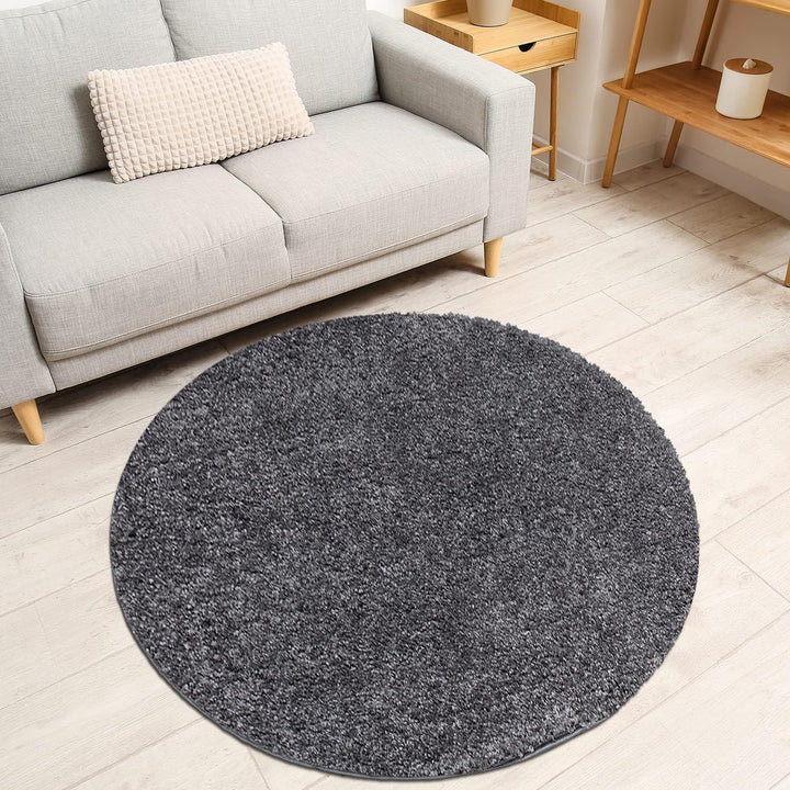 payé Teppich Rund Hochflor Shaggy - 200x200cm - Anthrazit Einfarbig Uni Flauschig Modern Boho Wohnzi