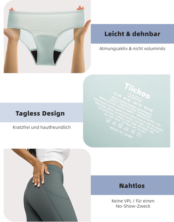 TIICHOO Periodenunterschwäsche Damen Nahtlos Bequeme Perioden Bikini Menstruationsunterwäsche 5er Pa