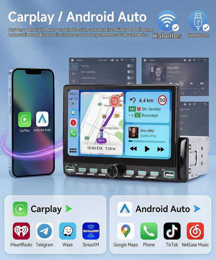 Rimoody Autoradio 1 Din mit Wireless Carplay Android Auto You-Tube IOS/Android Mirror Link Bluetooth
