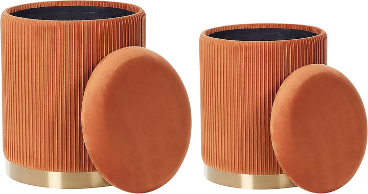 Runder Pouf im 2er Set aus Samt orange Ottoman Sitzpouf Rillen-Optik Miramar