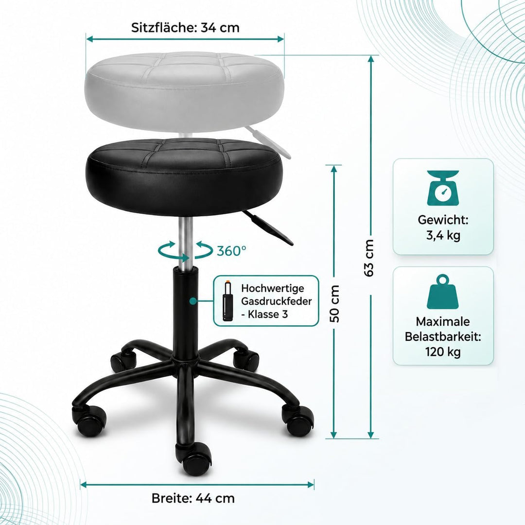 Rollhocker mit Metall-Basis und leisen Softrollen [Neues Modell] – höhenverstellbar, 360° drehbar, k