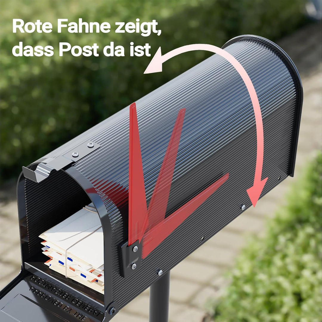 Wiltec US Mailbox schwarz 150 x 513 x 223 mm, amerikanischer Briefkasten mit Fahne, Wandbriefkasten