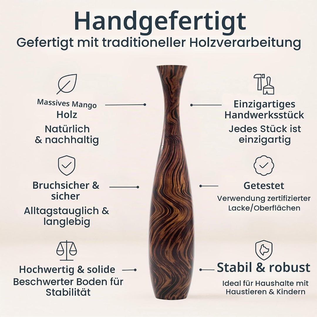 Leewadee Grosse Bodenvase für Dekozweige hohe Standvase Design Holzvase, Holz, 70 cm, Braun Hellbrau