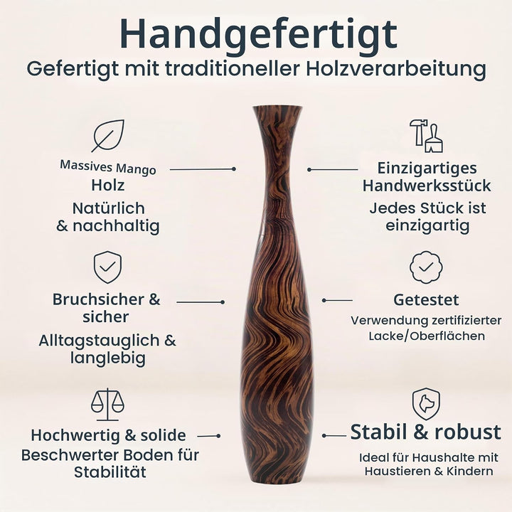 Leewadee Grosse Bodenvase für Dekozweige hohe Standvase Design Holzvase, Holz, 70 cm, Braun Hellbrau
