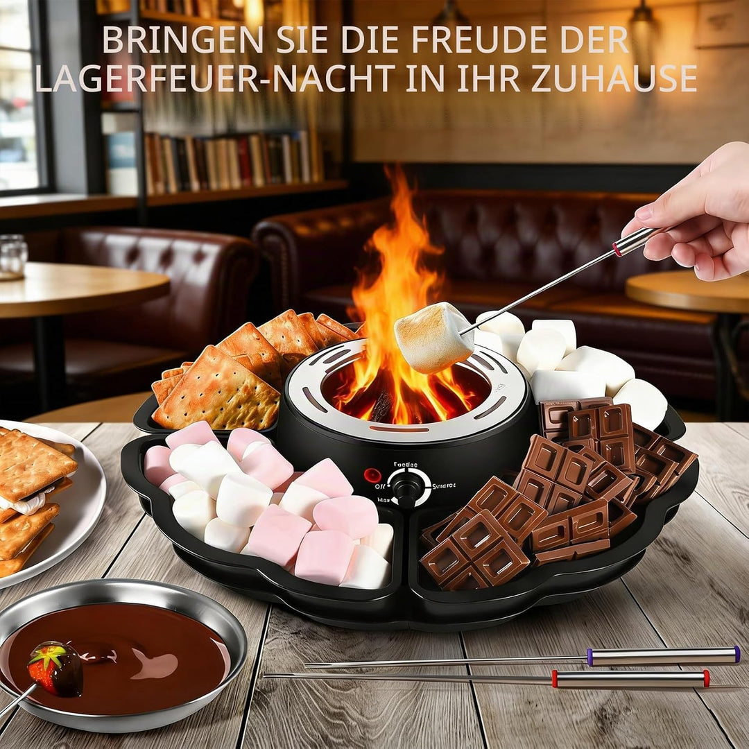 Schokoladenfondue, 2-in-1 Schokofondue Elektrisch & S’mores-Maker, Tischgerät für Innen mit 4 Röster