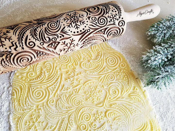 FROST Nudelholz mit Muster Weihnachten Backen - Teigroller Holz für DIY Weihnachten Plätzchen und Ke