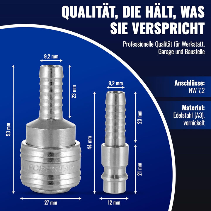 Poppstar Druckluftschlauch 5 m (Hybrid PVC mit Gewebe, Innendurchmesser 9,2mm mit Schnellkupplung &