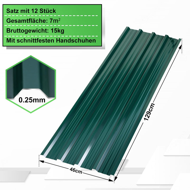 Trapezblech Dachplatten Set Grün – 24 verzinkte Wellblechplatten, 0,25 mm dick, 14 m² Gesamtfläche,