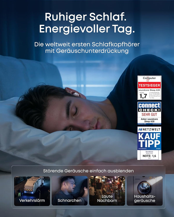 soundcore Sleep A30 von Anker, Schlafkopfhörer, Geräuschmaskierung, Bluetooth-Kopfhörer, adaptives S