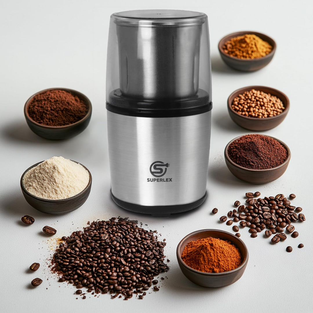 SUPERLEX Kaffeemühle elektrisch mit 100g Füllmenge, 200 Watt Edelstahl Gewürzmühle Abnehmbare Edelst