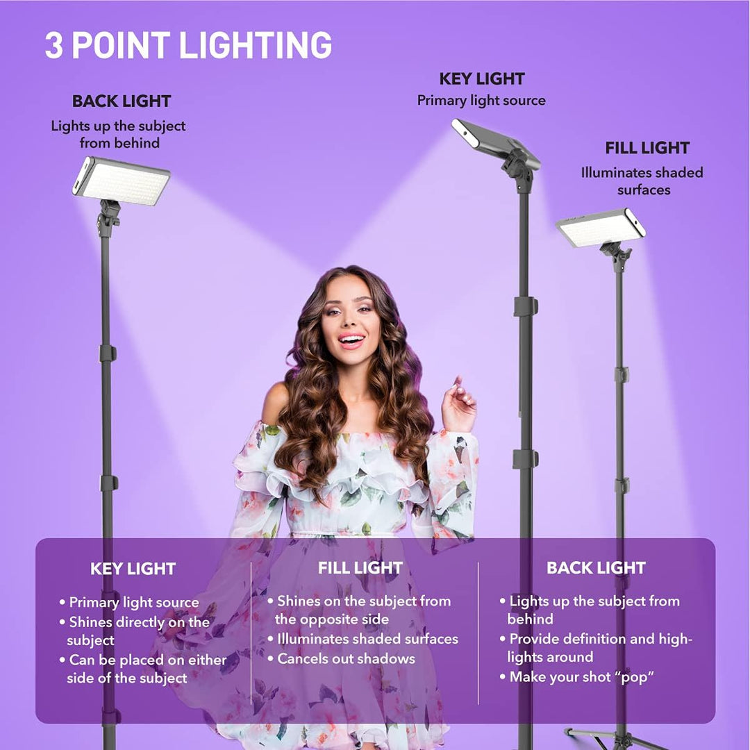 DigiPower Pro 3 professionelles Belichtungsset, 3er-Pack, dimmbares 5600K 180-LED-Videolicht mit ver
