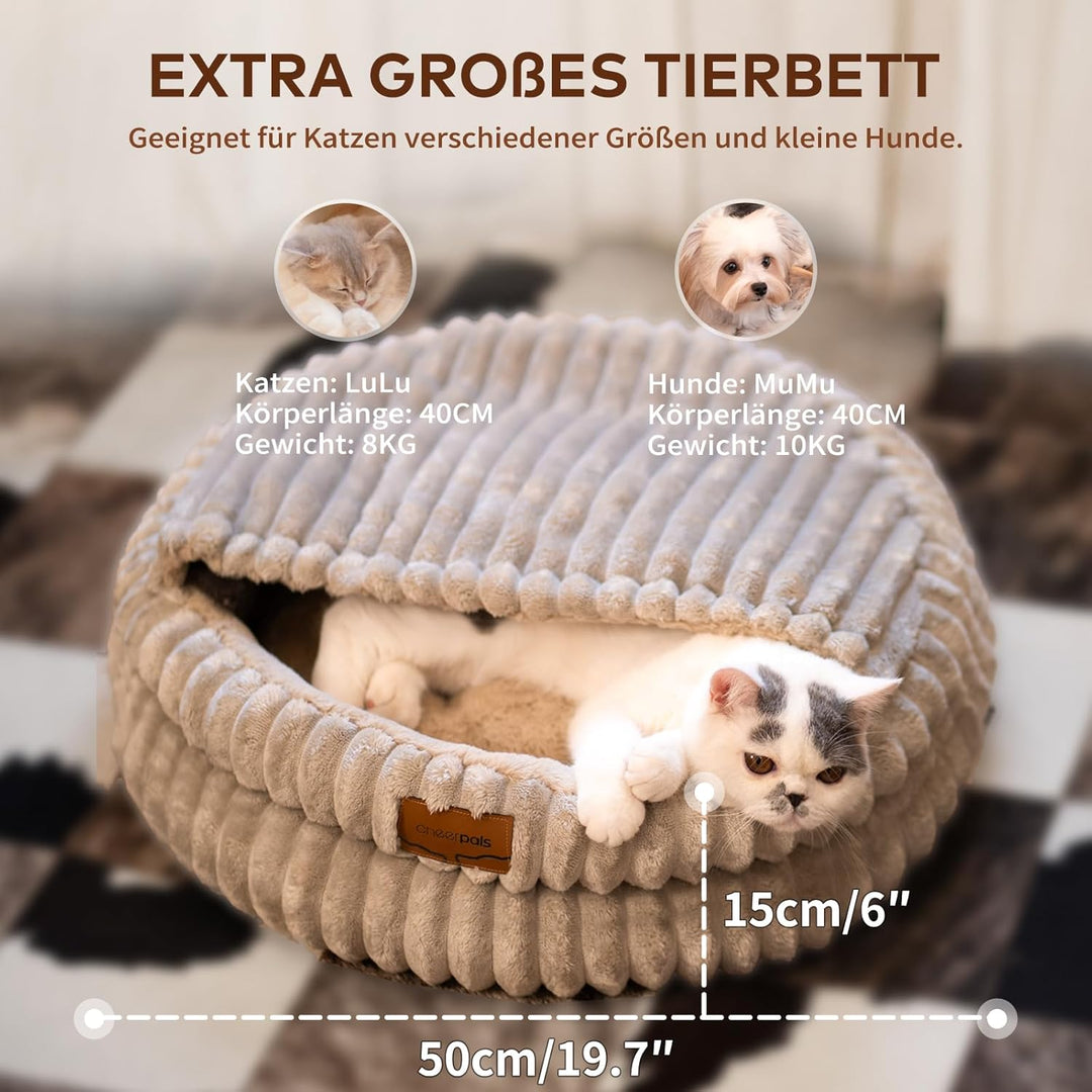 CheerPals Katzenbett mit Deckel 50cm, Waschbar Kuschelhöhle, Winterversteck mit Hochelastischer Schl