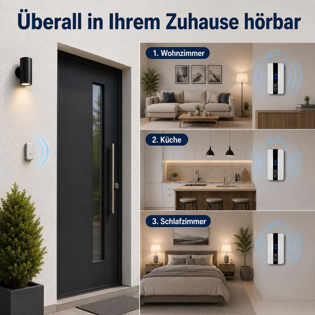 Funkklingel Set, batterielos, 1 Sender, 3 Empfänger | Keine Batterien erforderlich, 200 m Reichweite