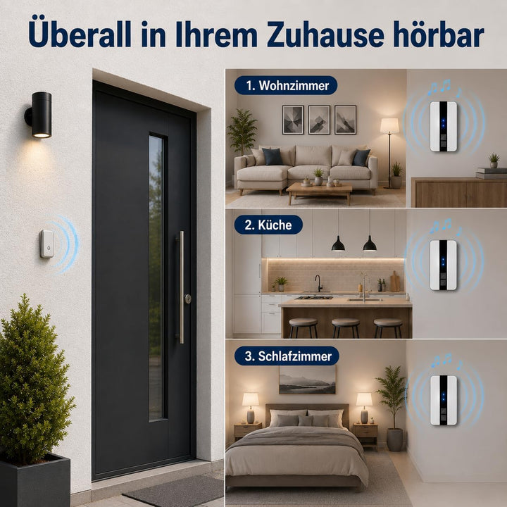 Funkklingel Set, batterielos, 1 Sender, 3 Empfänger | Keine Batterien erforderlich, 200 m Reichweite