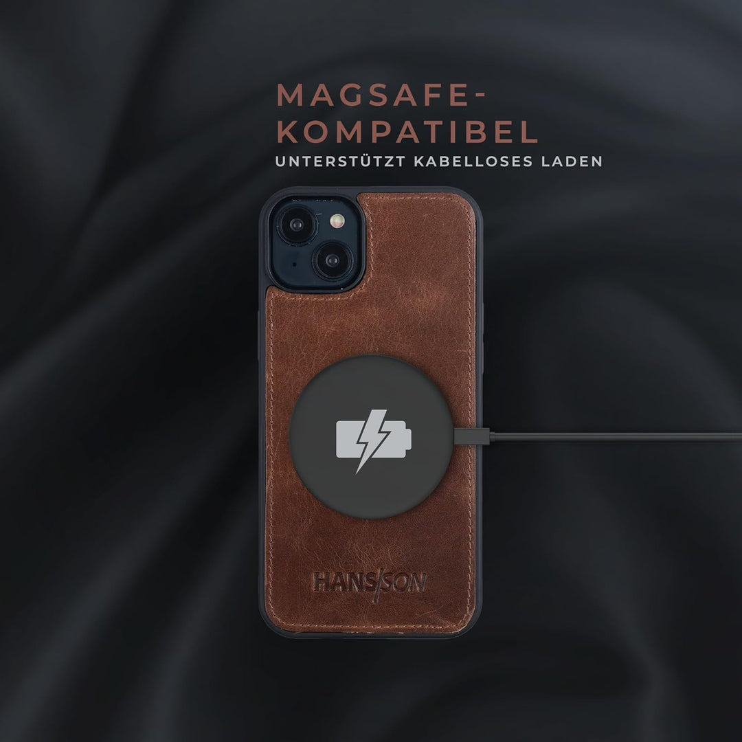 HANS/SON Lederhülle mit Kartenfächern | iPhone 14 | Echtleder | 6,1 Zoll | Schmal | Klapphülle | Sto