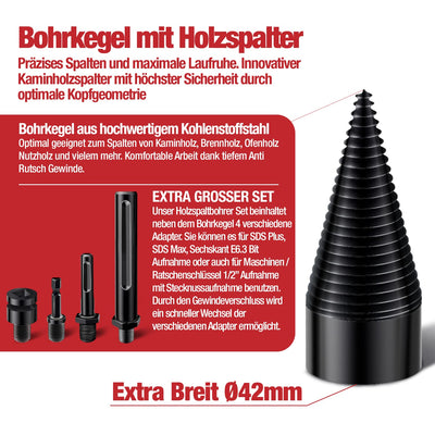 SCHWABENBACH ® Bohrkegel Holzspalter 42mm mit 4 Adapter - Präzises & schnelles Spalter für Holz - Ke