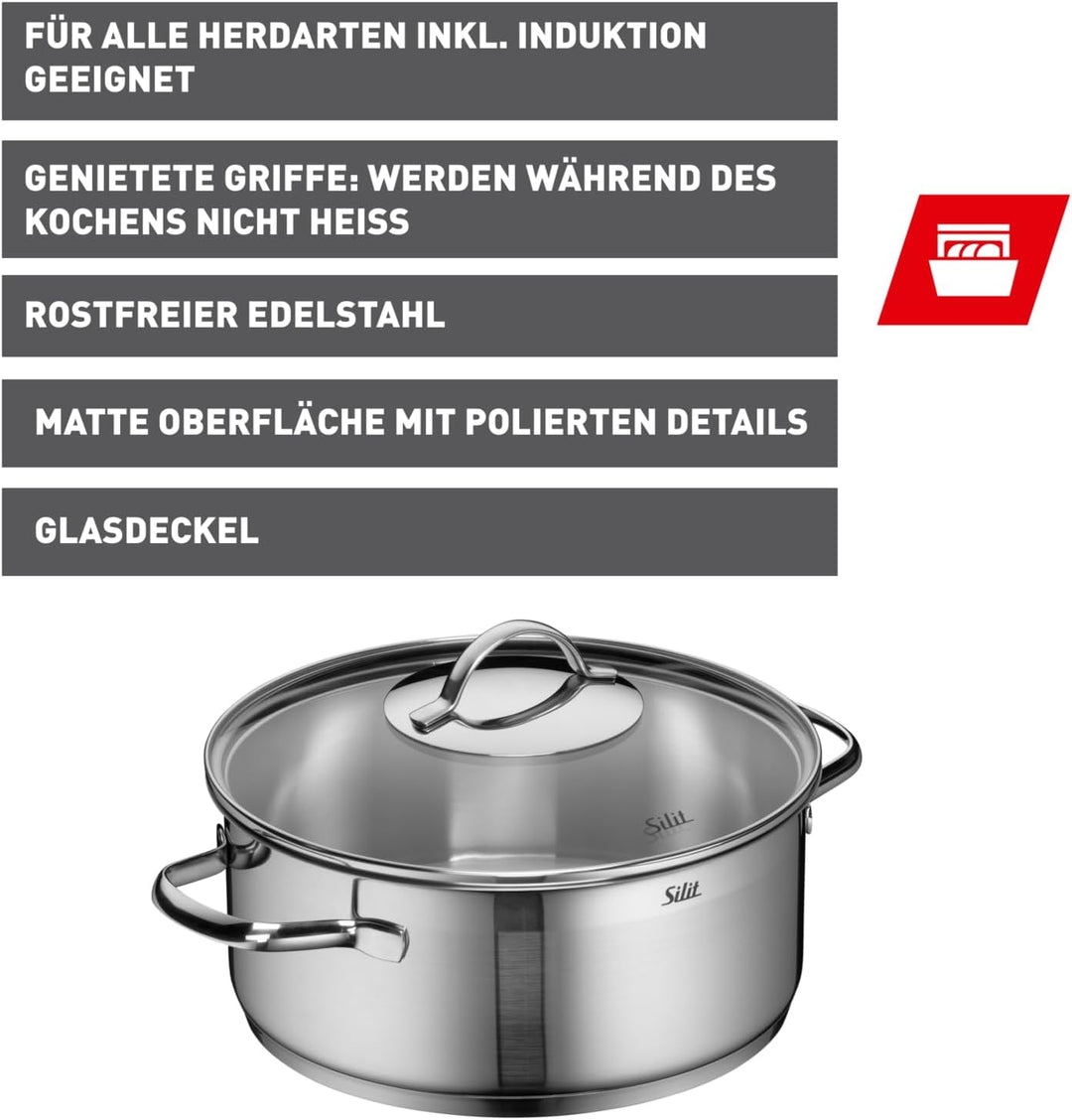 Silit Achat Kochtopf 24cm, Glasdeckel, Bratentopf 4,1l, Edelstahl poliert, Topf Induktion, unbeschic