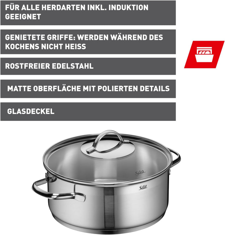 Silit Achat Kochtopf 24cm, Glasdeckel, Bratentopf 4,1l, Edelstahl poliert, Topf Induktion, unbeschic