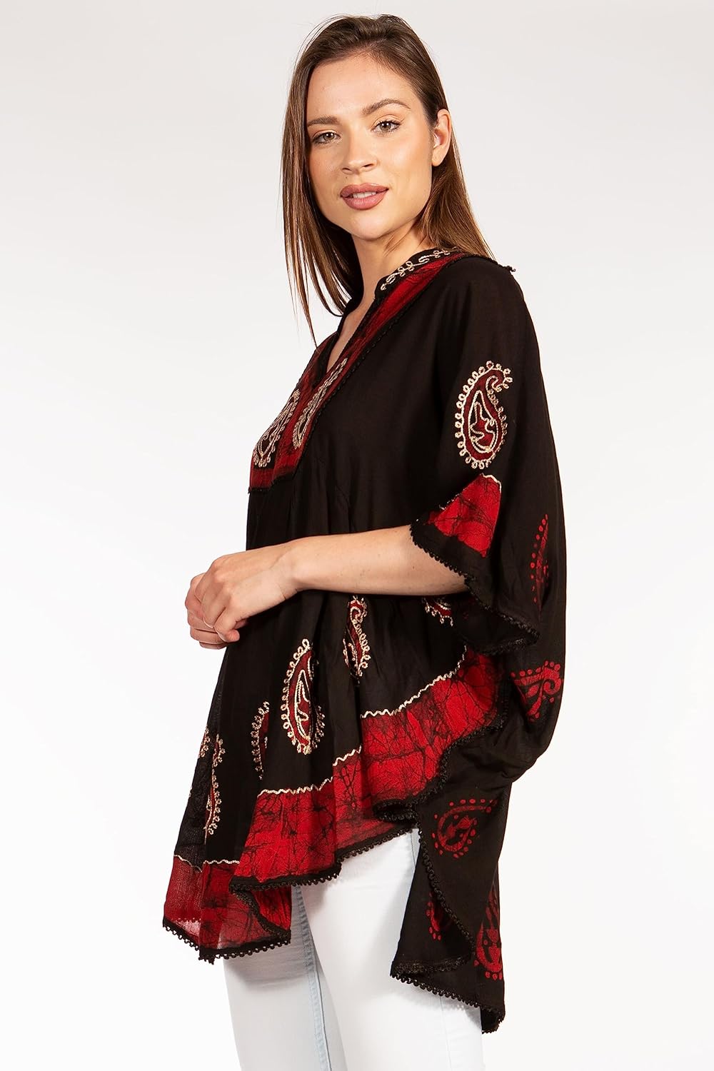 Sakkas Amori V-Ausschnitt Stickerei Poncho Top/vertuschen Einheitsgrösse Schwarz Rot, Einheitsgrösse