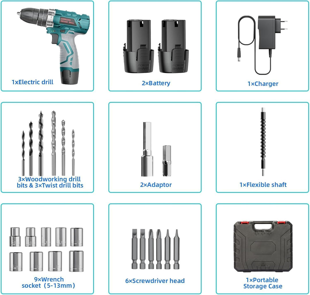 12V Akkuschrauber Set für Einsteiger & Frauen, 25 Nm Drehmoment, 2×2000mAh Akku, 25+3 Drehmomentstuf