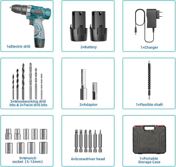 12V Akkuschrauber Set für Einsteiger & Frauen, 25 Nm Drehmoment, 2×2000mAh Akku, 25+3 Drehmomentstuf