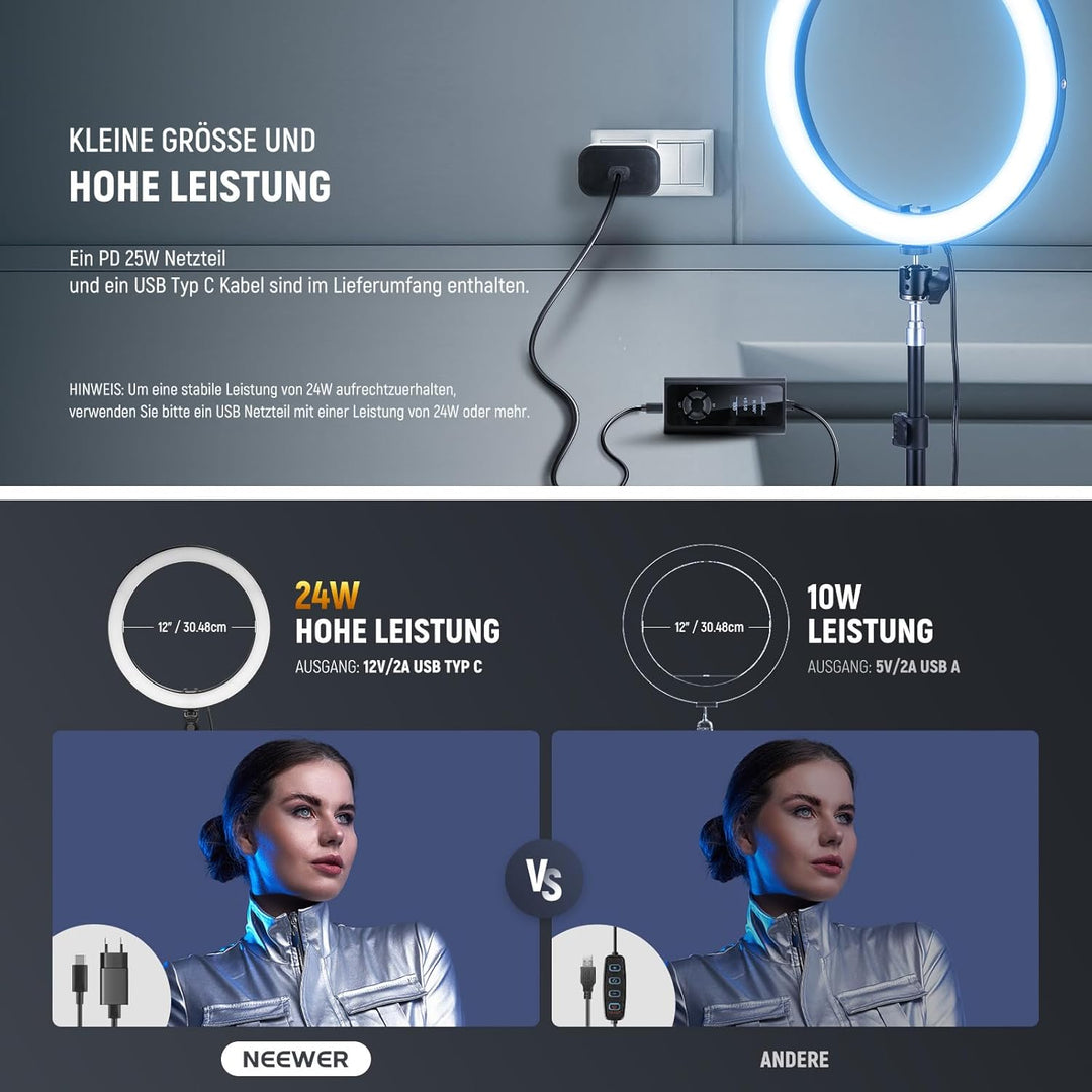 NEEWER RH12C 12" Ringlicht mit Stativ Kompatibel mit iPhone, 24W LED RGB Ring Light mit Handyhalter