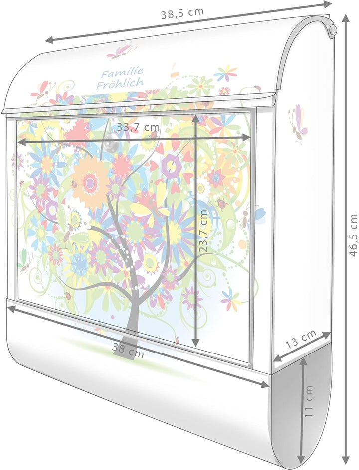 banjado® Design Briefkasten personalisiert Märchenzauberbaum 38,5x46,5x13cm & 2 Schlüssel - Briefkas
