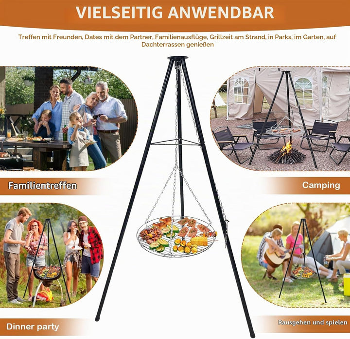 Dreibein Schwenkgrill 150 cm, Ø 48 cm 304 Edelstahl Grillplatte | Mit Kurbel &amp; Kette, Höhenverstellb