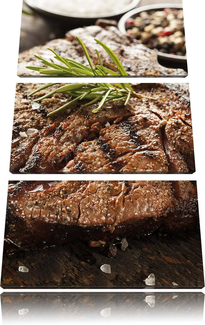 Pixxprint Leckeres Fleisch mit Rosmarin 3-Teiler Leinwandbild 120x80 Bild auf Leinwand