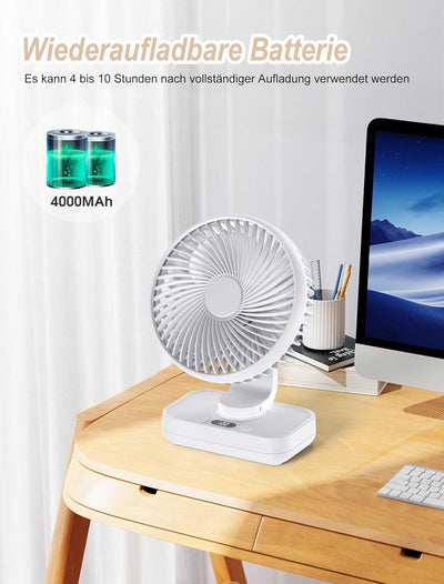 Joneytech Ventilator Leise Automatisch Oszillierend, 4000mAh Akku USB tischventilator 4 Geschwindigk