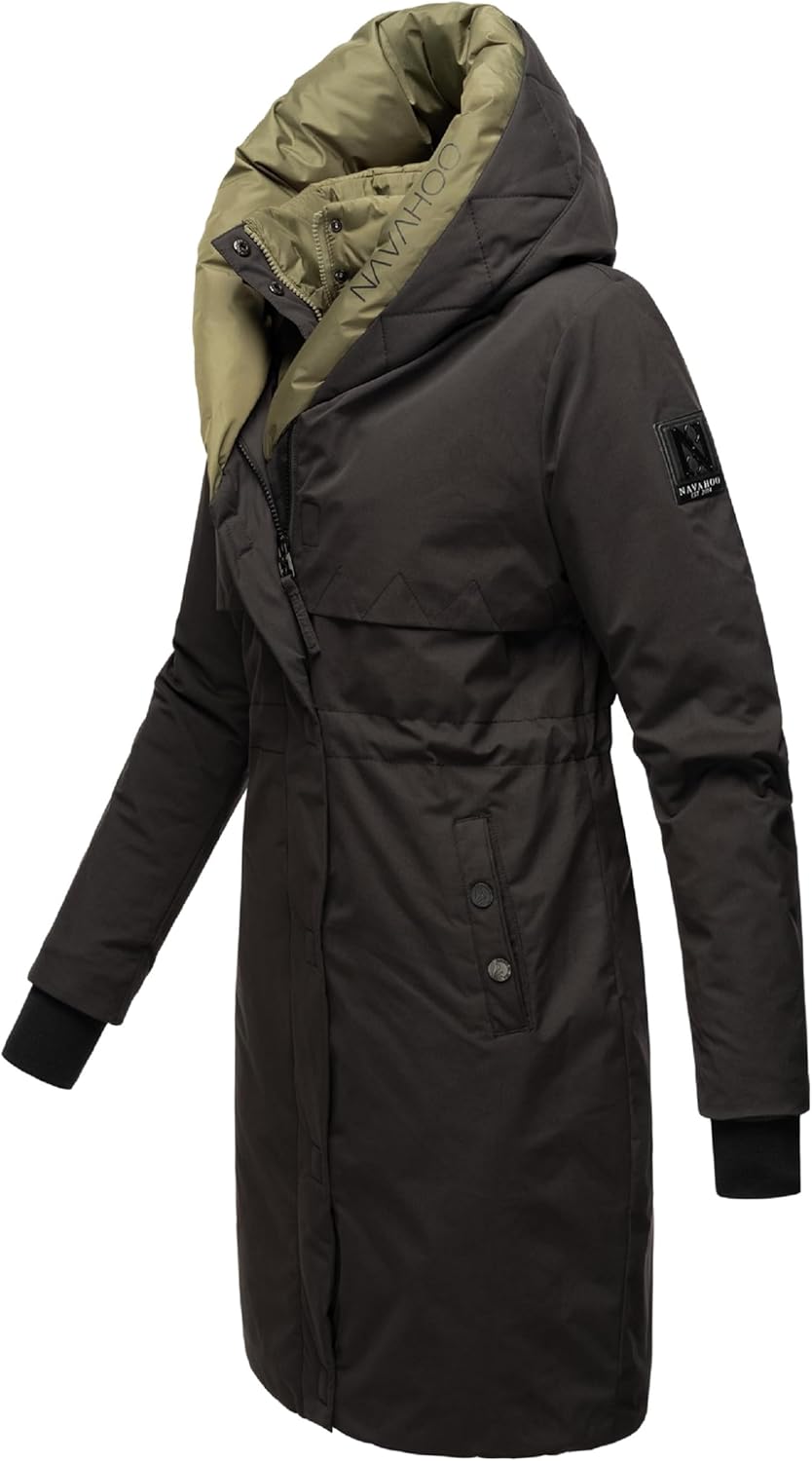 Navahoo Damen Mantel Lange warme Winter Steppjacke mit Kapuze und magnetischen Elementen Snowelf XS-
