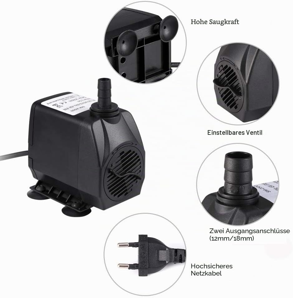 Tauchwasserpumpe 2500L/H 45W für Aquariumteich Fischtank Springbrunnen Frisch- und Meerwasserzirkula