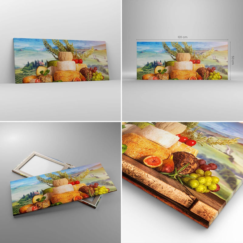 Wandbilder Dekoration Wohnzimmer Toskana Käse Obst Italien Panorama Bilder auf Leinwand 120x50cm Lei