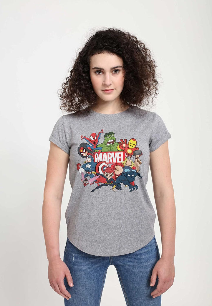 Marvel Damen Avengers Classic Group Marvel Retro Women's Rolled Sleeve T-shirt M Melange Grey, M Mel