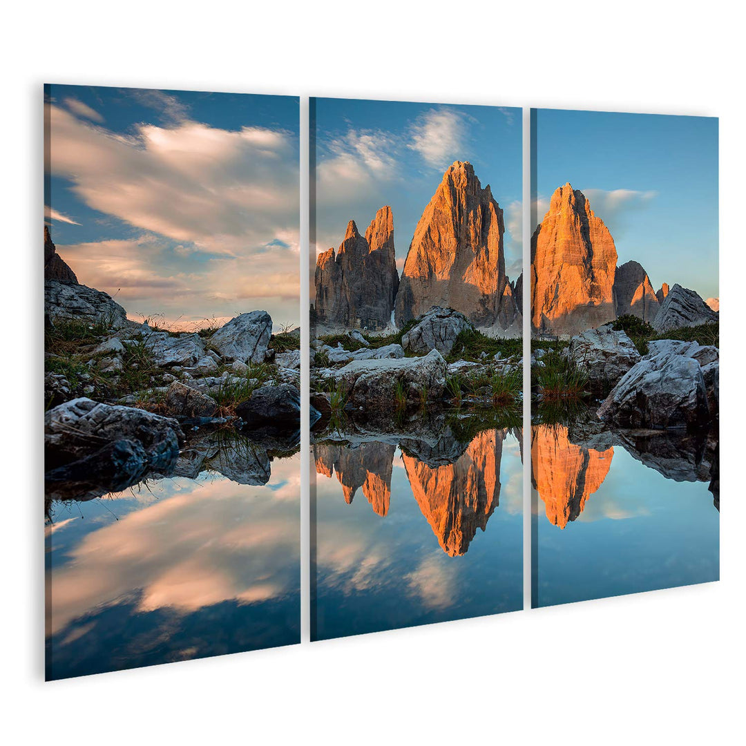 bilderfelix® Bild auf Leinwand DREI Zinnen oder TRE Cime di Lavaredo mit Reflexion im See bei Sonnen
