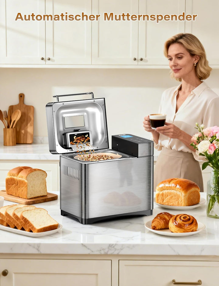Edelstahl Brotbackautomat, 2LB 17-in-1-Brotbackautomaten mit Obst- und Nussbehälter, antihaftbeschic