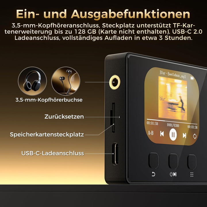 32GB MP3 Player mit Bluetooth 5.3, HiFi Sound MP3 Player Kinder, tragbarer Musikplayer mit Equalizer
