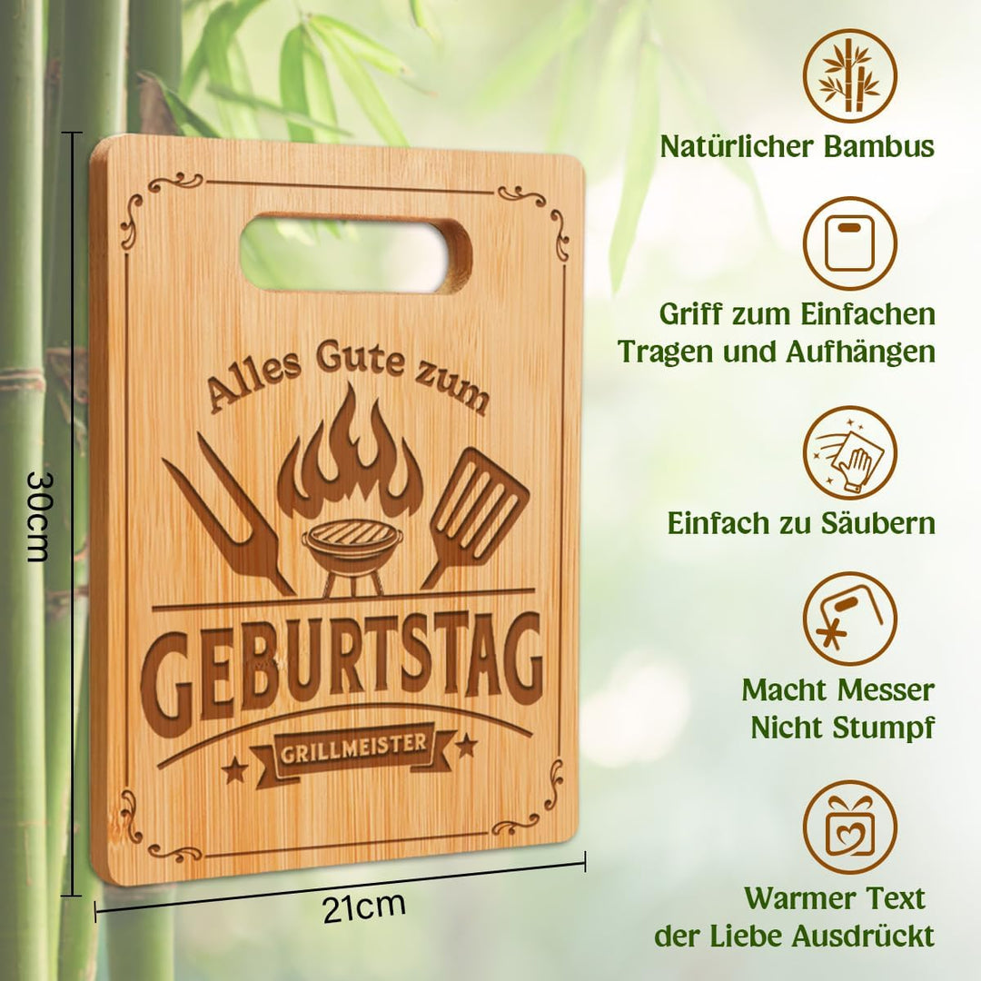 Geburtstagsgeschenk für Männer, Schneidebrett mit Gravur - Alles Gute zum GEBURTSTAG GRILLMEISTER, M