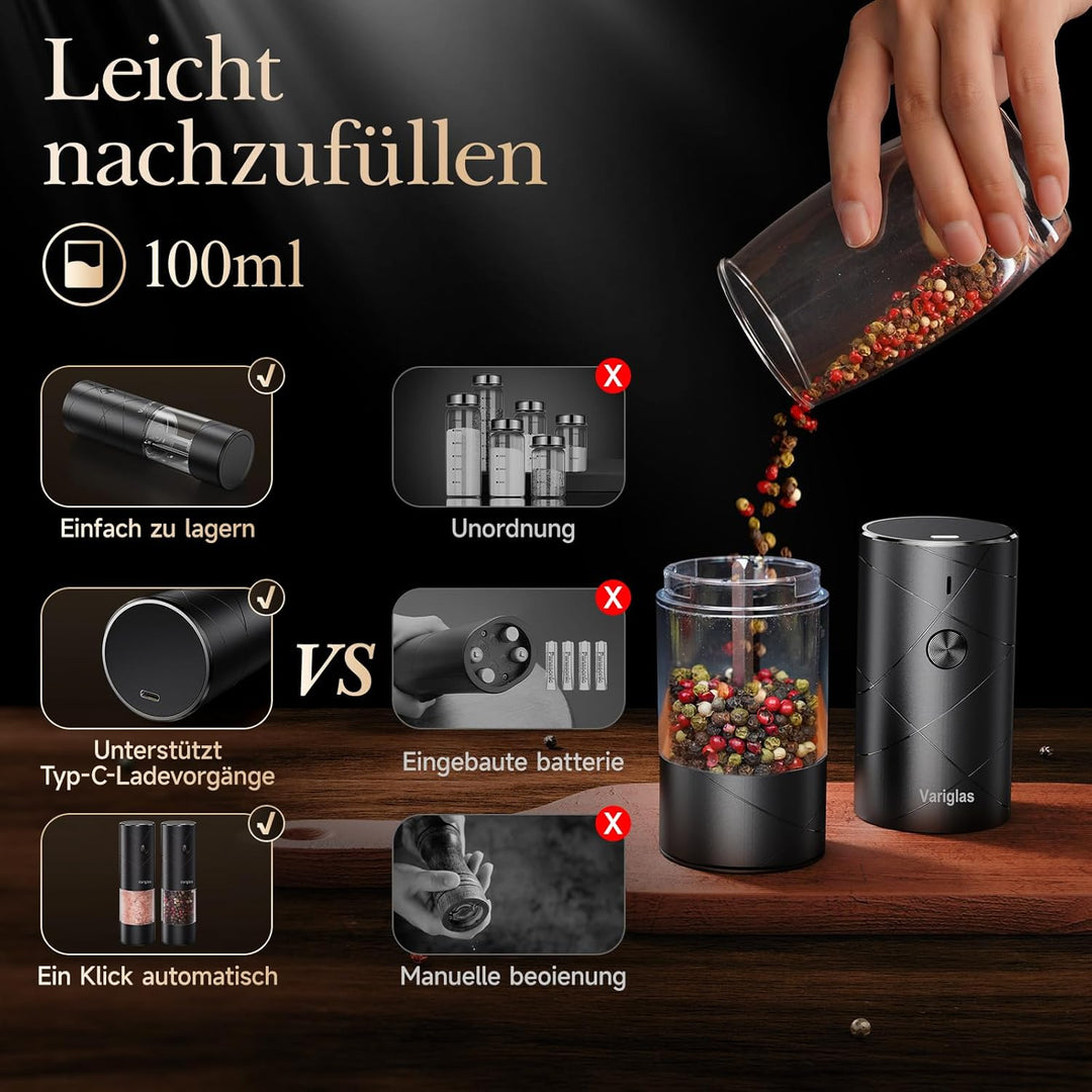 Variglas Salz und Pfeffermühlen Elektrische 2er Set mit USB Wiederaufladbarer,Verbesserte grosse Kap