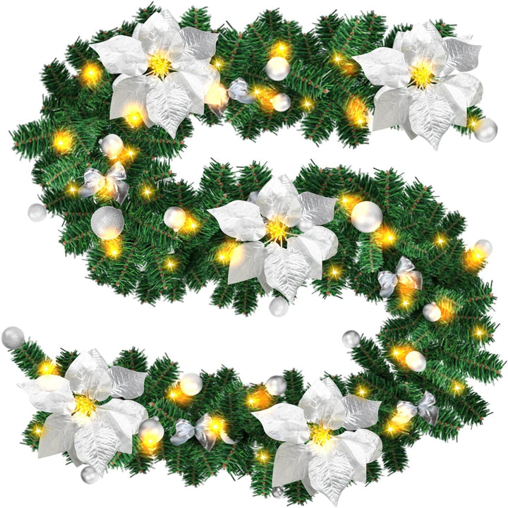 Weihnachtsgirlande mit Beleuchtung, Tannengirlande 270cm Weihnachtstürdekor Künstlich, mit Blumen un