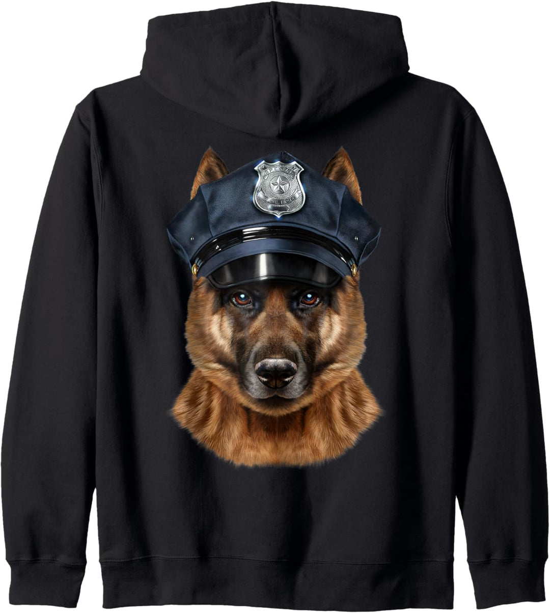 Deutscher Schäferhund trägt einen Polizeihut Kapuzenjacke