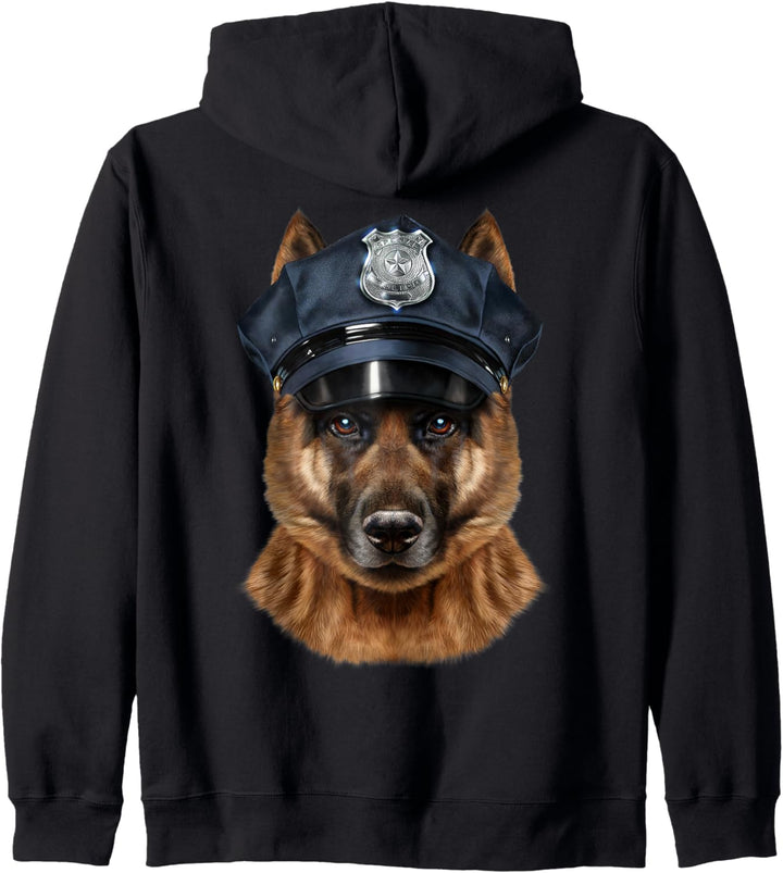 Deutscher Schäferhund trägt einen Polizeihut Kapuzenjacke