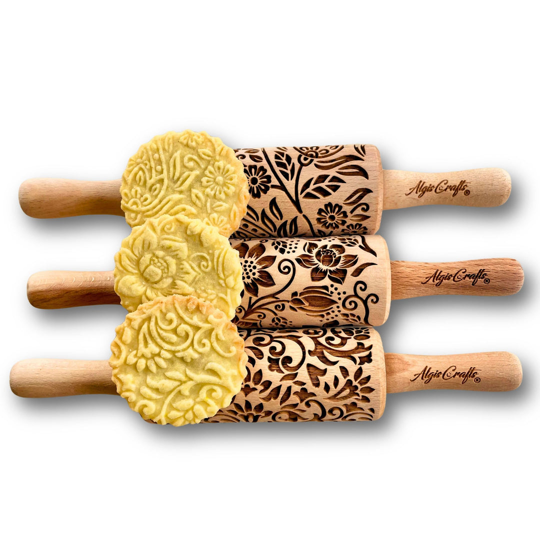 3-er SET mini Nudelhölzer - FLORET. Teigrolle mit Lotus, Kaschmir, Paisley blühende, Rebe und Lilie