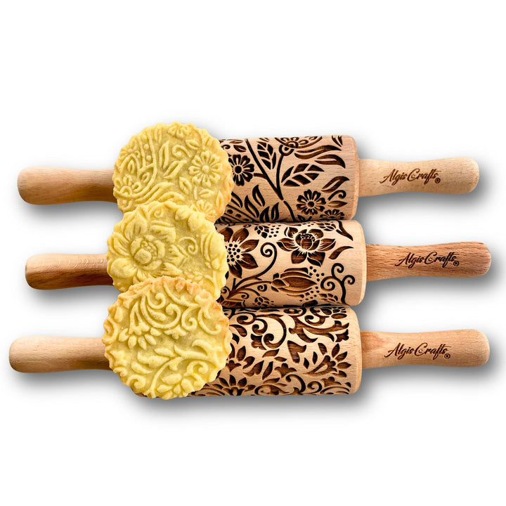 3-er SET mini Nudelhölzer - FLORET. Teigrolle mit Lotus, Kaschmir, Paisley blühende, Rebe und Lilie