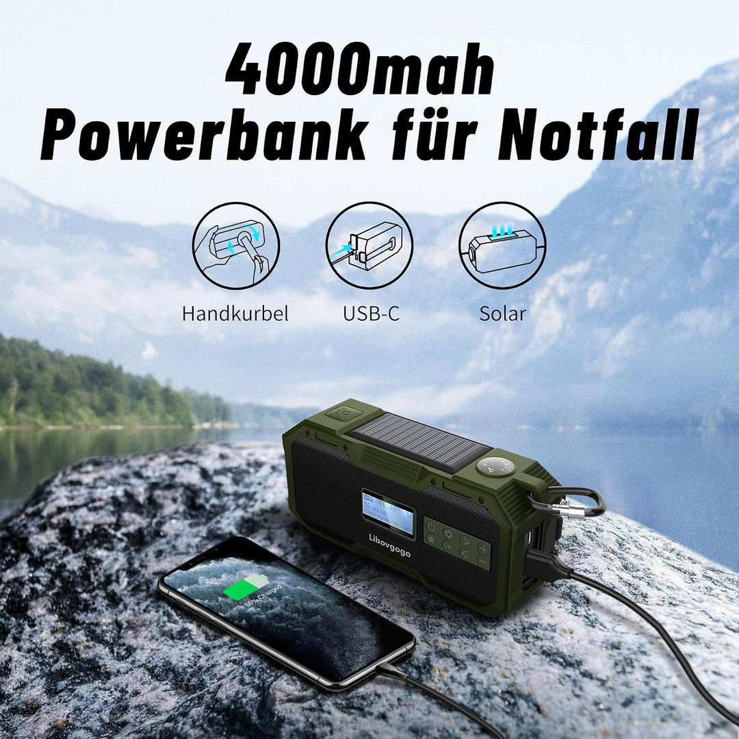 Libovgogo DF-587D Tragbares DAB+ UKW Radio mit wasserdichtem Bluetooth-Lautsprecher, Kurbelradio mit