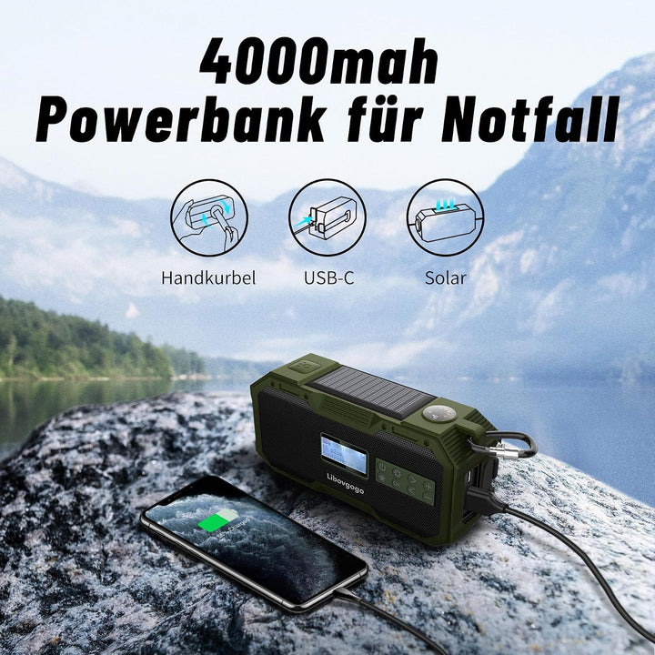 Libovgogo DF-587D Tragbares DAB+ UKW Radio mit wasserdichtem Bluetooth-Lautsprecher, Kurbelradio mit