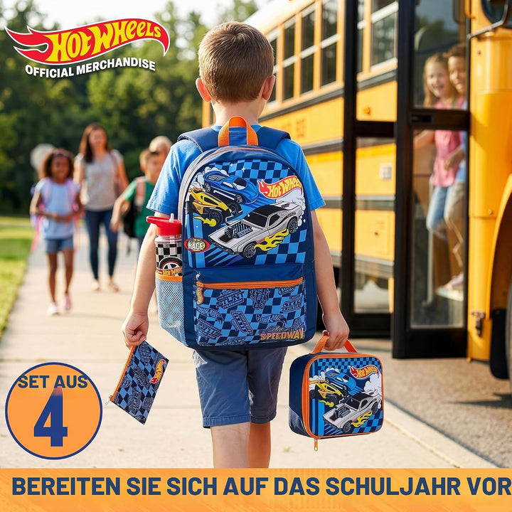 Get Trend Hot Wheels Grosser Rucksack Kinder 4er Set, 46 cm Kinderrucksack, Trinkflasche 500ml, Fede